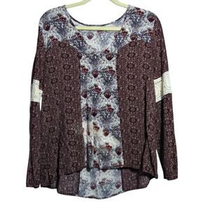 Charlotte Russe Brown Paisley Floral Long Sleeve Top Boho Peasant Size Small